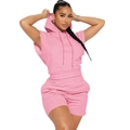 Women's pink two-piece sport set featuring a hooded sleeveless top and elastic shorts - S / Pink