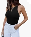 Detail of black racerback tank top in ribbed knit fabric paired with white denim jeans - S / Tops / Black