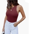 Detail of burgundy slim fit halter tank top featuring high neck and sleeveless ribbed design - S / Tops / Burgundy