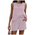 Summer pink and white vertical striped two-piece set with sleeveless top and shorts - Red Stripe