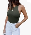 Detail of dark green ribbed knit racerback tank top with high elasticity fabric - Army Green
