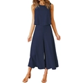 Front view of navy blue two-piece set featuring a sleeveless top and wide-leg pants - XS / Navy Blue
