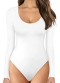 Detail of white long sleeve bodysuit featuring scoop neck and high-stretch elastic fabric - S / White