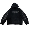 Felpa nera con cappuccio e zip decorata con motivi tribali in strass su petto e maniche - S / Nero