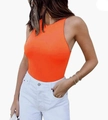 Detail of vibrant orange sleeveless bodysuit featuring high elasticity and a slim fit - Orange