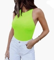 Close-up of neon green ribbed fabric and racerback neckline on a fitted bodysuit - Fluorescent Green