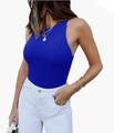 Detail of royal blue sleeveless bodysuit with high neck halter design and slim fit cut - M / Tops / Sapphire Blue