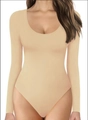 Slim fit long sleeve scoop neck bodysuit for women in beige seamless elastic fabric - S / Nude