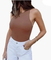 Detail of a brown sleeveless racerback bodysuit paired with high-waist white denim jeans - Camel