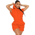 Women's bright orange sporty two-piece set featuring hooded sleeveless top and high-waist shorts - S / Orange