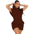 Women's 2-piece deep brown casual sportswear set with sleeveless hoodie and high-waist shorts - S / Coffee