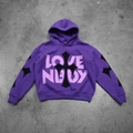 Streetwear purple hoodie featuring oversized gothic cross patch and Love Nerdy letter print - M / LOVE NERDY Print (5061292725712) / Purple