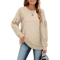 Schicker aprikosenfarbener Rundhals-Sweatshirt für Damen mit modischen Puff-Laternenärmeln im Alltag - S / Aprikose
