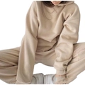 Women's autumn beige oversized hooded sweatshirt and sweatpants sports tracksuit set - Apricot