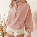 Detail of pink half-zip hoodie featuring heavy cotton fabric and a kangaroo pocket - S / Lotus Pink