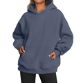 Detail of greyish-blue oversized hoodie featuring dropped shoulders and kangaroo pocket - Aqua