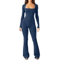 Navy blue square neck long sleeve flare leg bodysuit in elastic ribbed knit fabric - S / Top And Bottom / Navy Blue