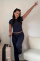 Navy blue two-piece knit set featuring a cropped short sleeve top and high-waisted pants - XS / Short Sleeve Top And Bottom / Navy Blue