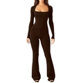 Deep brown long sleeve bodysuit with square neck and high elastic flared pants - Dark Coffee