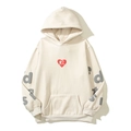 Cream oversized hoodie with red heart print and bold sleeve lettering in street style - M / Off White