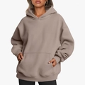 Women's oversized beige hoodie featuring a kangaroo pocket and ribbed cuffs - Khaki