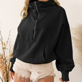 Women's black half-zip hoodie with drawstring hood and front pocket on model - S / Black