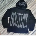 Detail of Lost Society puff print lettering on oversized black gothic hoodie - M / Black