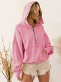 Women's pink half-zip hoodie with kangaroo pocket and ribbed cuffs in cotton knit - S / Pink
