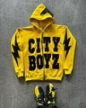 Detail of City Boyz embroidery and lightning patches on yellow street style hoodie - M / Bright Yellow