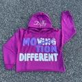 Detail of purple cropped hoodie with 3D foam puff print lettering and raw edge hem style - S / Purple