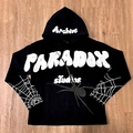 Close-up of black hoodie featuring white foam print text and intricate spider web graphics - S / Black