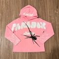 Detail of pink hoodie with 3D foam puff print lettering and white spider web sleeve art - S / Pink