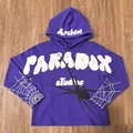 Detail of purple hoodie featuring 3D foam lettering and classic spider web graphic - S / Purple