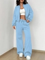 Detail of light blue two-piece tracksuit with zip-up jacket and drawstring wide-leg pants - S / Sky Blue