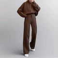 Detail of coffee brown track set featuring high-waisted wide leg pants with seam stitch - S / Coffee