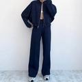 Detail view of navy blue hooded zip-up crop top and wide-leg drawstring trousers set - S / Navy Blue