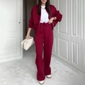 Close-up of wine red tracksuit details with zipper jacket and high-waisted pants - S / Burgundy