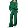 Completo casual donna verde scuro con felpa a mezza zip e pantaloni a gamba larga - Verde