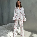 Ensemble pyjama femme en coton à imprimé cœurs avec plumetis et bords à volants - Blanc Cœur Rouge