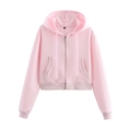 Ensemble sweat à capuche zippé court rose avec cordon et poignets côtelés sur blanc - Haut Rose
