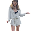 Light gray loose long-sleeve romper with buttoned collar and decorative chain belt - S / Gray