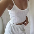 White ribbed knit loungewear set with eyelet texture camisole and matching shorts - XL / White