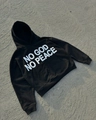 Detail of NO GOD NO PEACE slogan print on heavy black cotton streetwear hoodie - S / Black