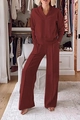 Detail view of the V-neck long sleeve top and wide-leg pants set in burgundy wine red - Burgundy