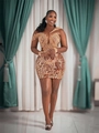Close-up of rose gold sequin embroidery and sheer mesh detail on the cocktail dress - S / Dresses / Gold