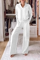 Zweiteiliges weißes Damen-Freizeitset mit V-Ausschnitt Langarmshirt und Strickhose mit weitem Bein - S / Weiß