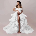 White tulle maternity photography gown with off-shoulder ruffles and high split design - S / Top And Bottom / White