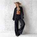 Women's 3-piece linen set with black oversized shirt, wide-leg trousers and bikini top - S / Black