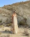 Macro detail of beige bohemian maxi dress featuring delicate 3D floral appliques and textures - S / Dresses / Apricot