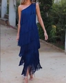 Detail shot of navy blue layered fringe tiers on one-shoulder evening maxi dress - Blue